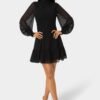 Long Sleeve Mock Neck Chifon Smocked Mini Dress