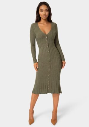 bebe2165_olive_1_62100b6c-9831-406a-bae8-644d58e601c1 Button Front V-Neck Sweater Midi Dress