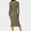 Button Front V-Neck Sweater Midi Dress