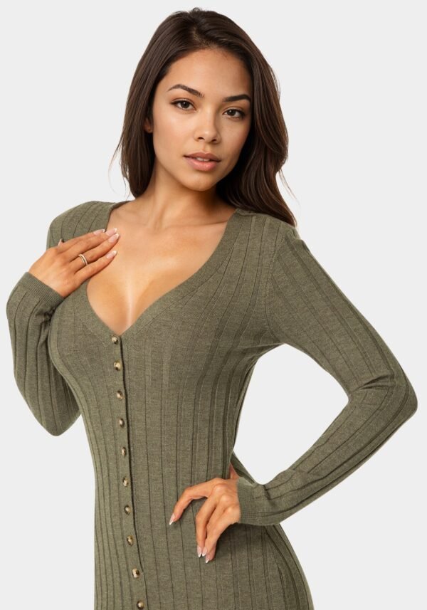 Button Front V-Neck Sweater Midi Dress